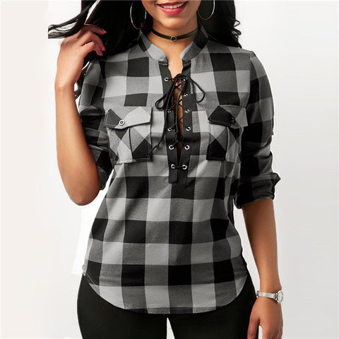 Lace-up Plaid Blouse