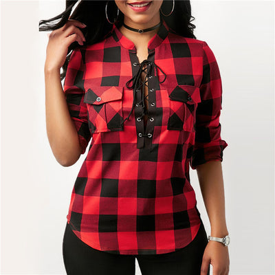 Lace-up Plaid Blouse